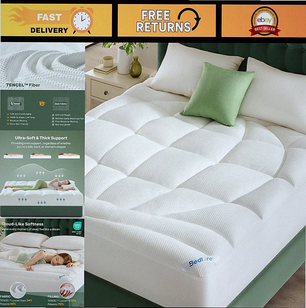 King Mattress Topper - Thick Pillow Top Pad, Soft Tencel Blend, Breathable Cover