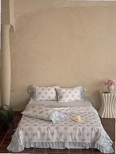 TENCEL Lyocell Cooling Quilt Set Queen 4PC Floral Ruffle Summer Bedding